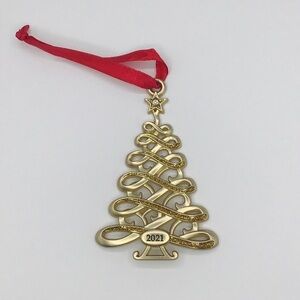 HARVEY Lewis 2021 Christmas Tree Ornament Gold Tone Glitter 3 1/4” Xmas Ribbon